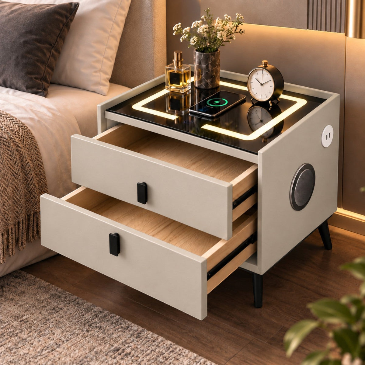 Noptiera Multifunctionala cu 2 Sertare, Incarcare Wireless si Boxa Bluetooth, Afisaj LED Tactil cu 3 Culori si 2 Porturi USB, 50x40x46cm