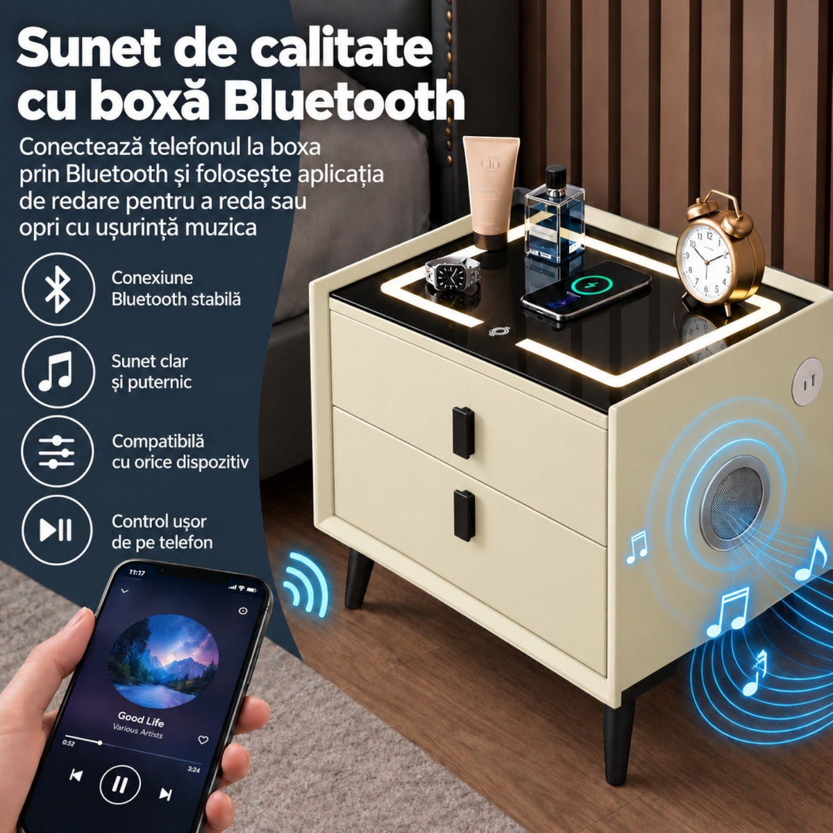 Noptiera Multifunctionala cu 2 Sertare, Incarcare Wireless si Boxa Bluetooth, Afisaj LED Tactil cu 3 Culori si 2 Porturi USB, 50x40x46cm