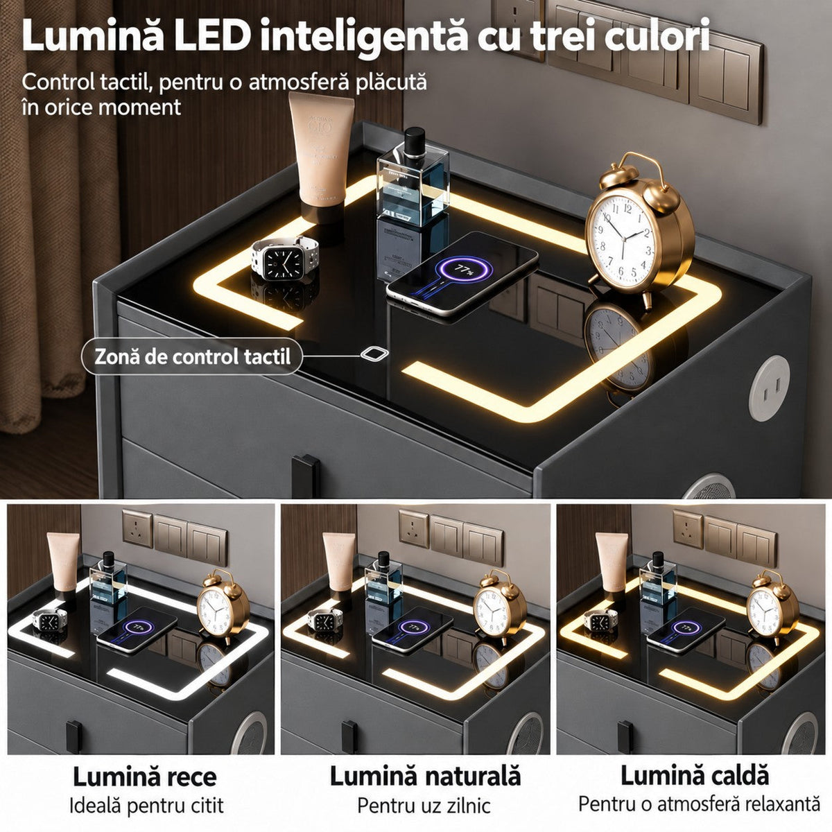 Noptiera Multifunctionala cu 2 Sertare, Incarcare Wireless si Boxa Bluetooth, Afisaj LED Tactil cu 3 Culori si 2 Porturi USB, 50x40x46cm