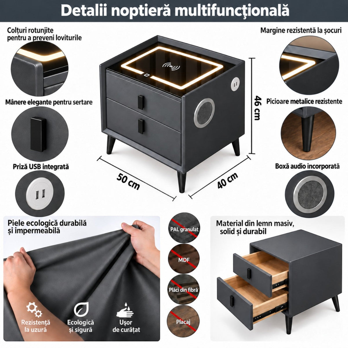 Noptiera Multifunctionala cu 2 Sertare, Incarcare Wireless si Boxa Bluetooth, Afisaj LED Tactil cu 3 Culori si 2 Porturi USB, 50x40x46cm