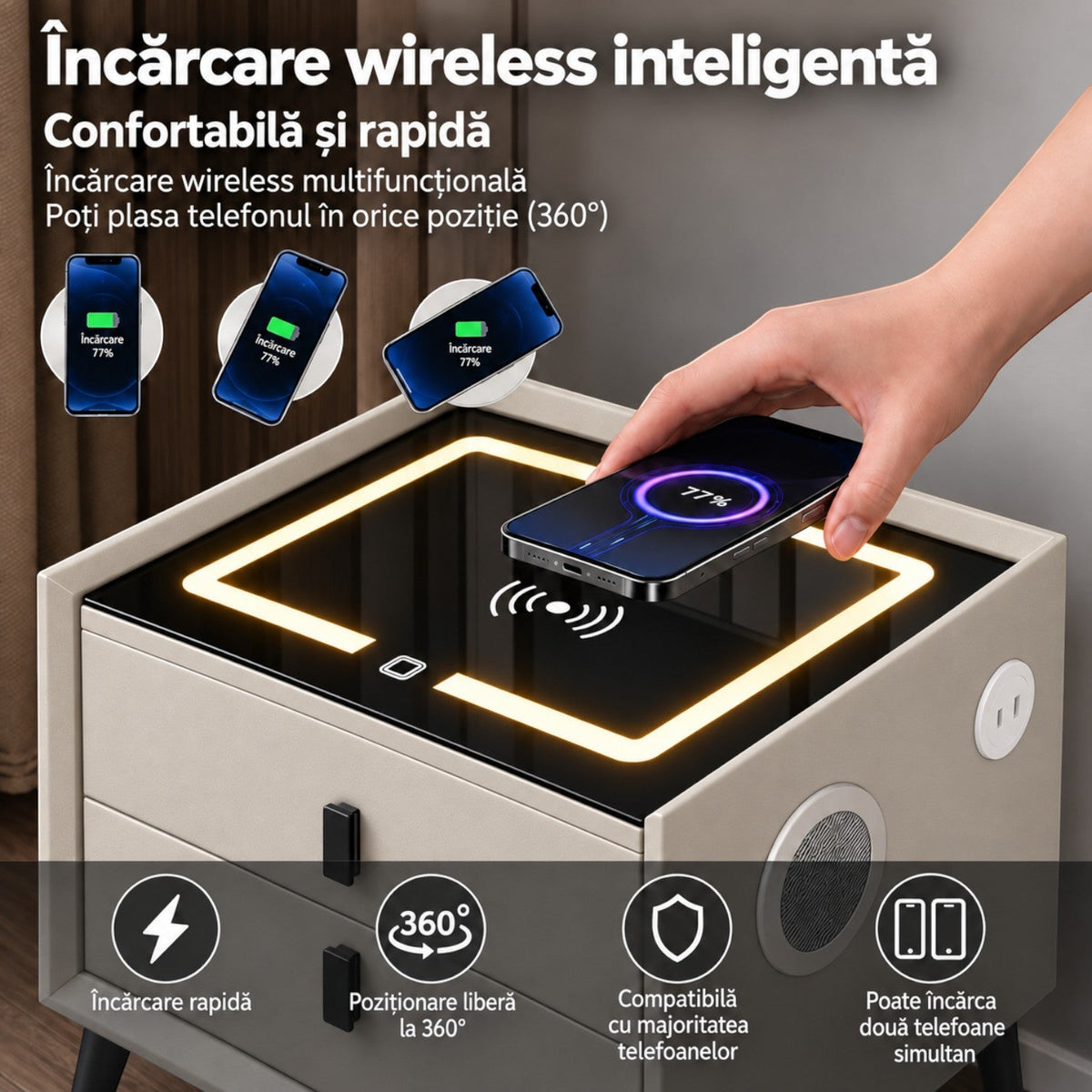 Noptiera Multifunctionala cu 2 Sertare, Incarcare Wireless si Boxa Bluetooth, Afisaj LED Tactil cu 3 Culori si 2 Porturi USB, 50x40x46cm