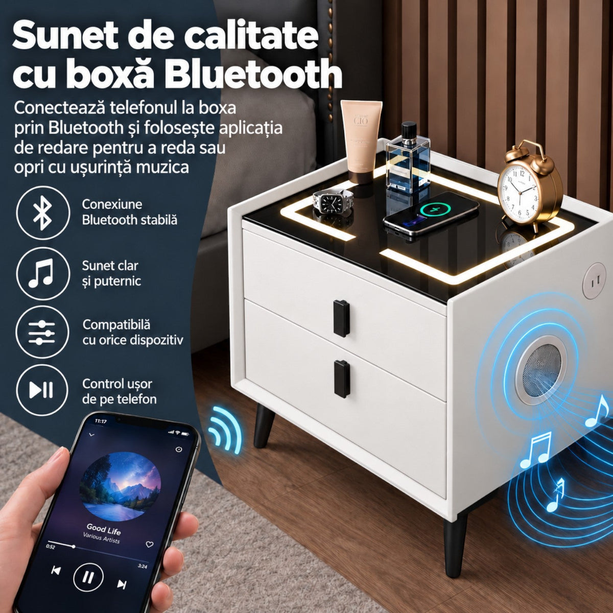 Noptiera Multifunctionala cu 2 Sertare, Incarcare Wireless si Boxa Bluetooth, Afisaj LED Tactil cu 3 Culori si 2 Porturi USB, 50x40x46cm