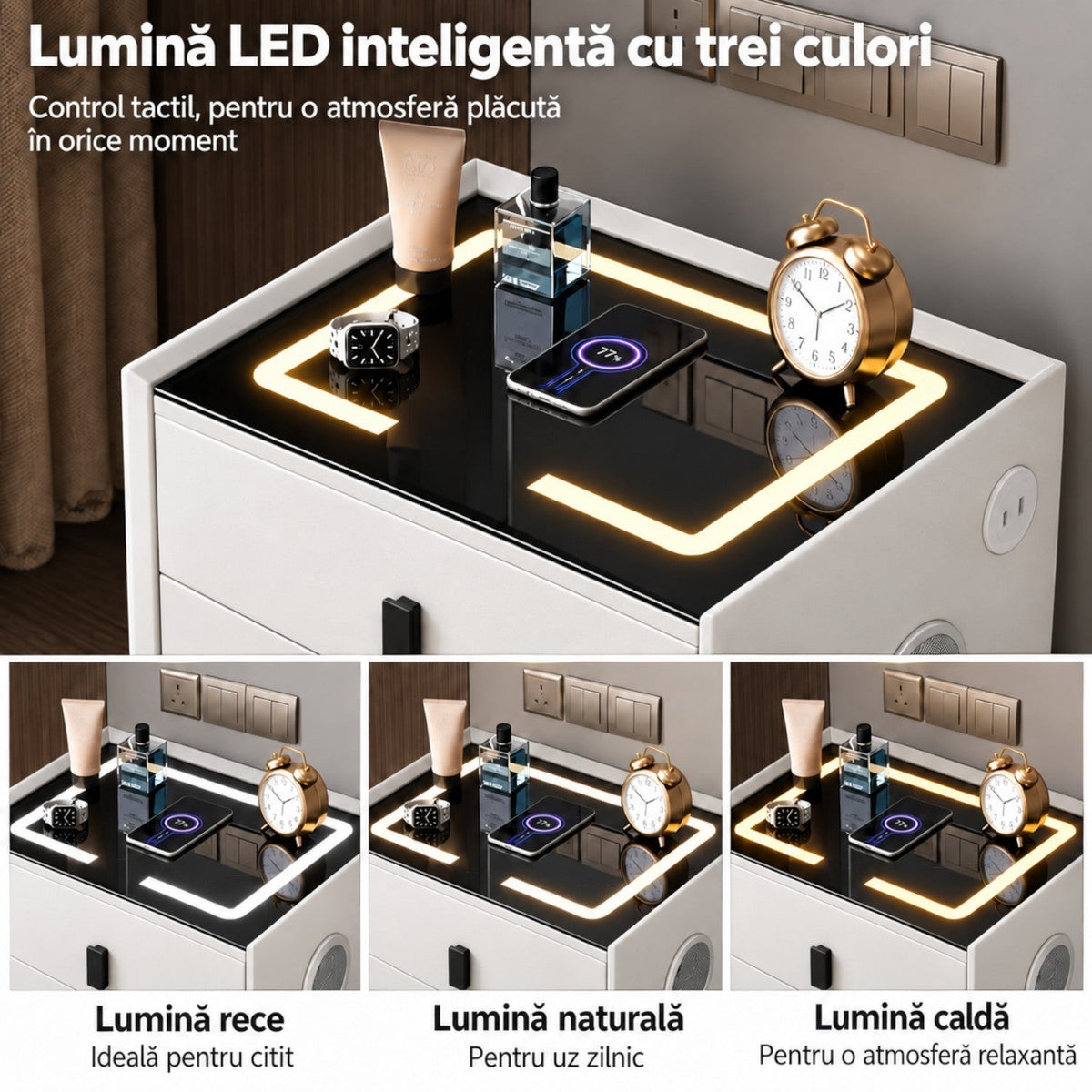 Noptiera Multifunctionala cu 2 Sertare, Incarcare Wireless si Boxa Bluetooth, Afisaj LED Tactil cu 3 Culori si 2 Porturi USB, 50x40x46cm