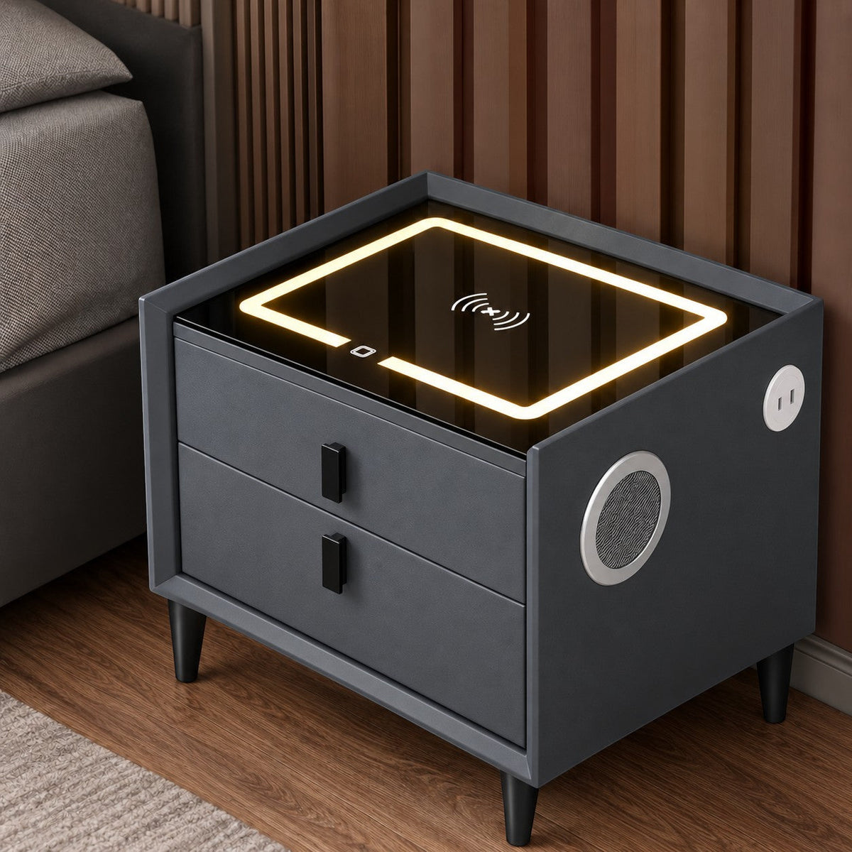 Noptiera Multifunctionala cu 2 Sertare, Incarcare Wireless si Boxa Bluetooth, Afisaj LED Tactil cu 3 Culori si 2 Porturi USB, 50x40x46cm