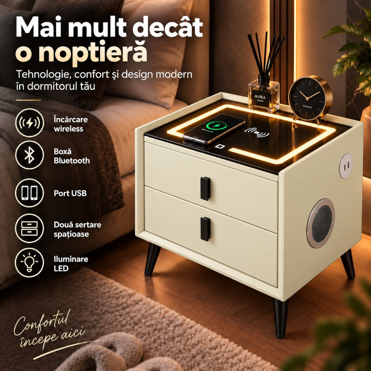 Noptiera Multifunctionala cu 2 Sertare, Incarcare Wireless si Boxa Bluetooth, Afisaj LED Tactil cu 3 Culori si 2 Porturi USB, 50x40x46cm