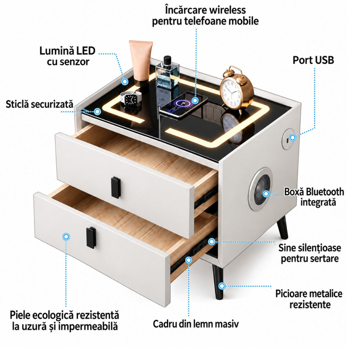 Noptiera Multifunctionala cu 2 Sertare, Incarcare Wireless si Boxa Bluetooth, Afisaj LED Tactil cu 3 Culori si 2 Porturi USB, 50x40x46cm