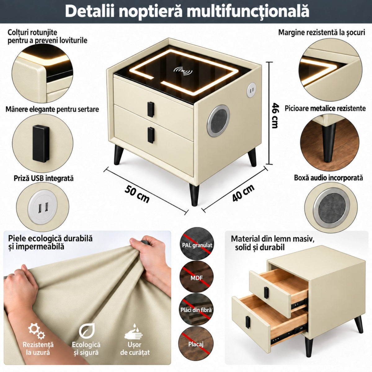 Noptiera Multifunctionala cu 2 Sertare, Incarcare Wireless si Boxa Bluetooth, Afisaj LED Tactil cu 3 Culori si 2 Porturi USB, 50x40x46cm