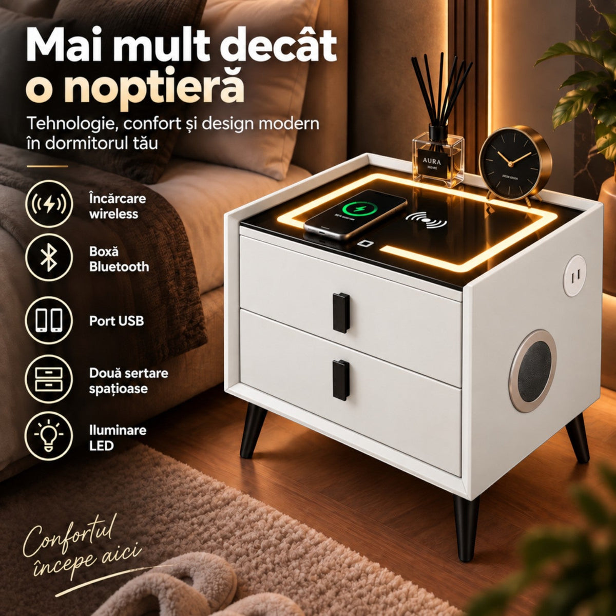 Noptiera Multifunctionala cu 2 Sertare, Incarcare Wireless si Boxa Bluetooth, Afisaj LED Tactil cu 3 Culori si 2 Porturi USB, 50x40x46cm