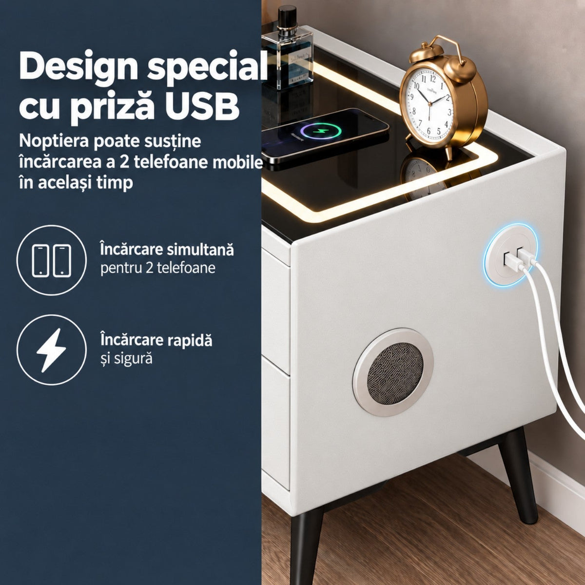 Noptiera Multifunctionala cu 2 Sertare, Incarcare Wireless si Boxa Bluetooth, Afisaj LED Tactil cu 3 Culori si 2 Porturi USB, 50x40x46cm
