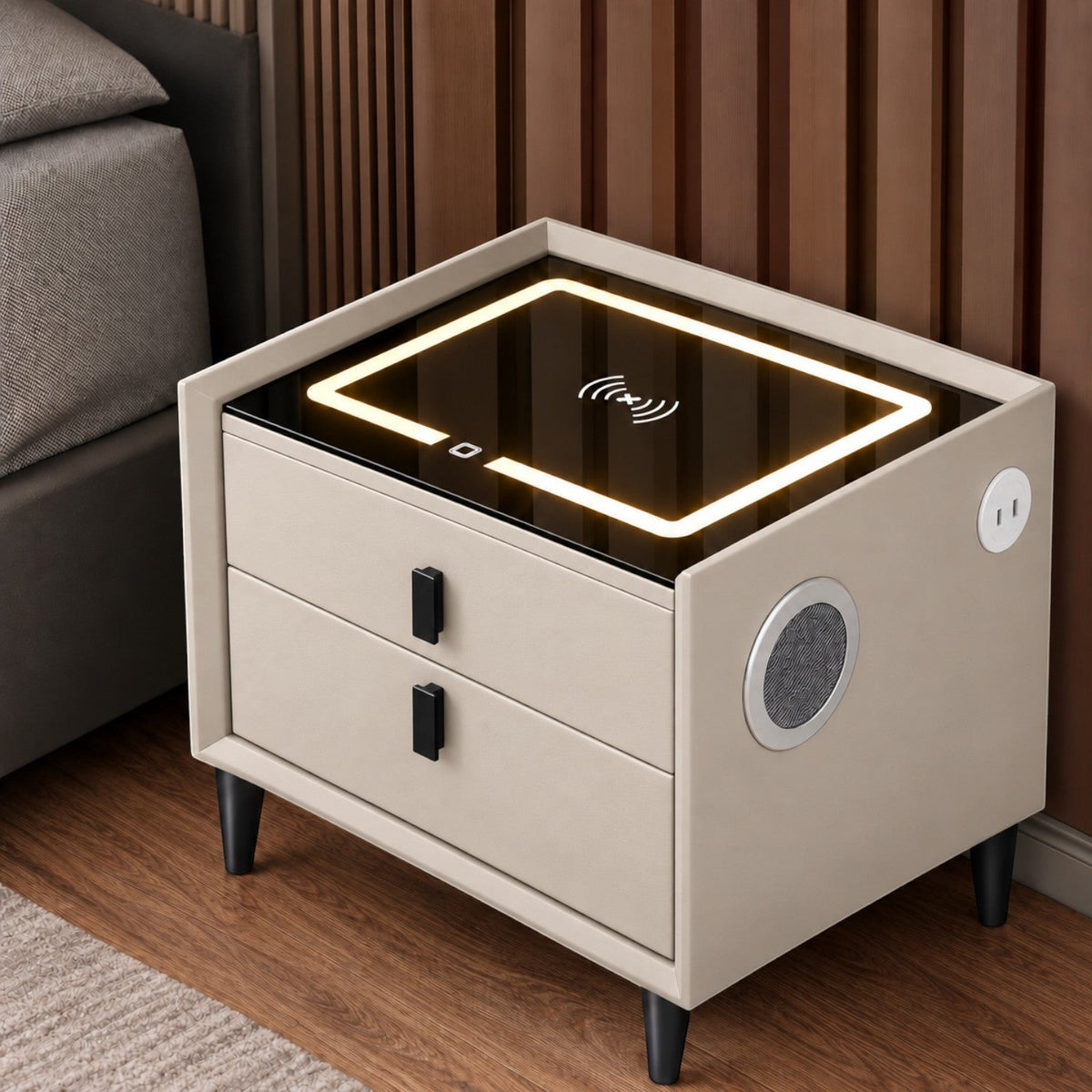 Noptiera Multifunctionala cu 2 Sertare, Incarcare Wireless si Boxa Bluetooth, Afisaj LED Tactil cu 3 Culori si 2 Porturi USB, 50x40x46cm