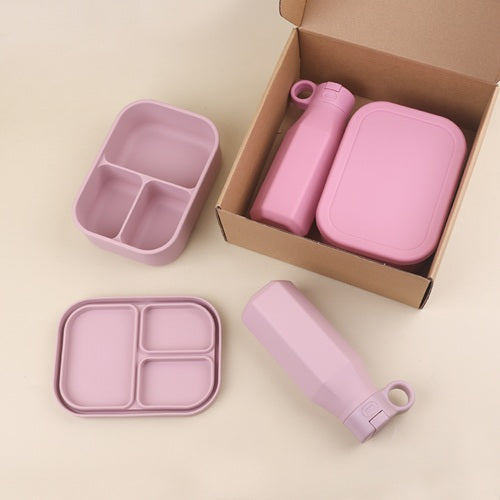 Set pranz din silicon cu sticla si caserola compartimentata – rezistent, sigur si reutilizabil, roz
