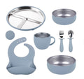 Set de hranire din silicon si inox pentru bebelusi – 7 piese, albastru