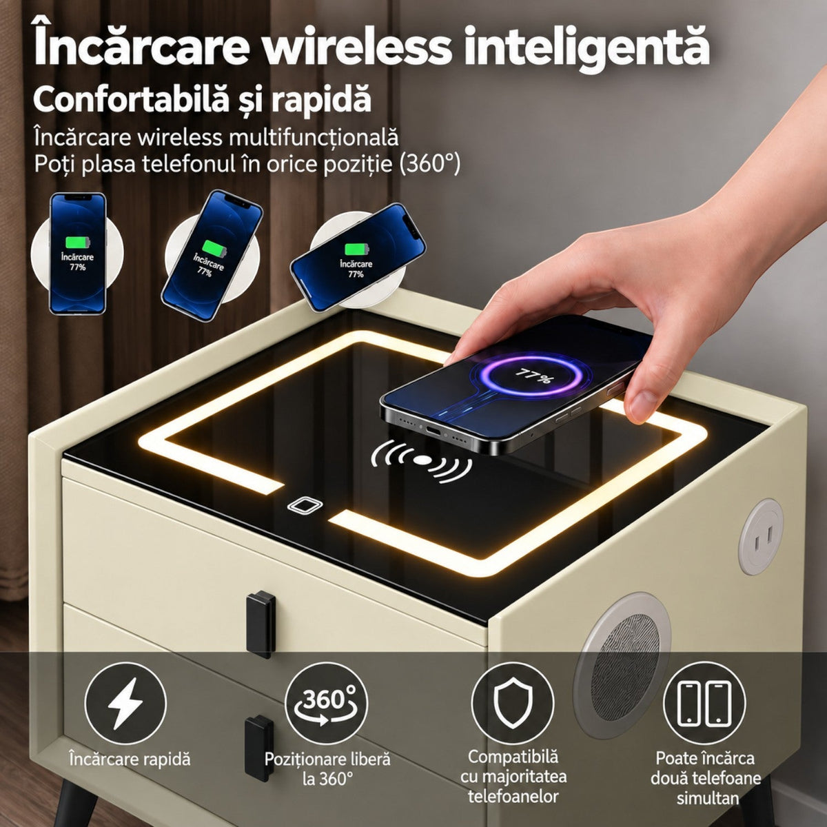 Noptiera Multifunctionala cu 2 Sertare, Incarcare Wireless si Boxa Bluetooth, Afisaj LED Tactil cu 3 Culori si 2 Porturi USB, 50x40x46cm