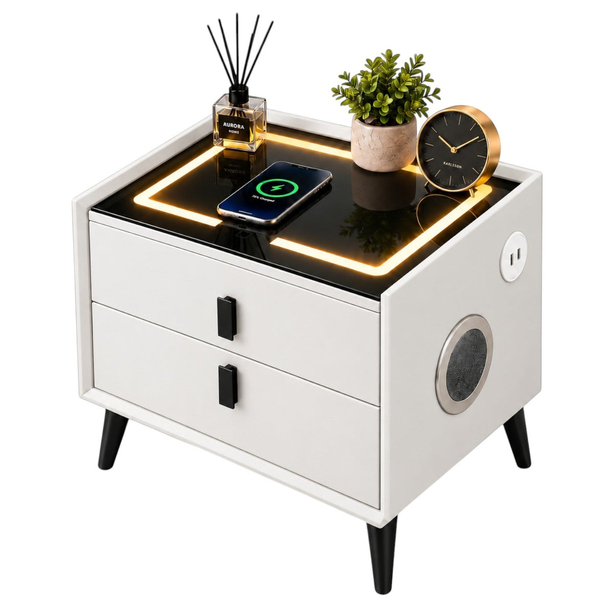Noptiera Multifunctionala cu 2 Sertare, Incarcare Wireless si Boxa Bluetooth, Afisaj LED Tactil cu 3 Culori si 2 Porturi USB, 50x40x46cm