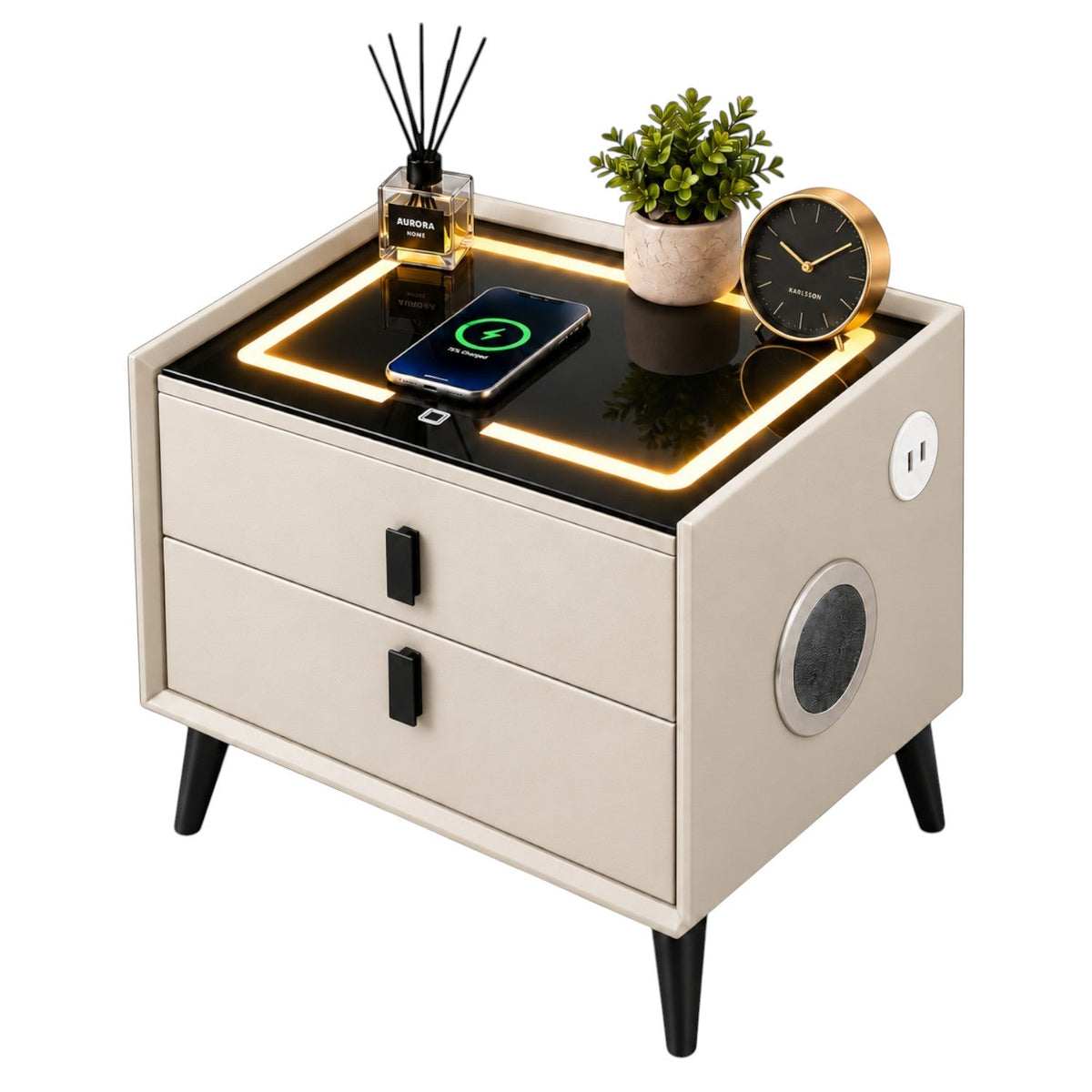 Noptiera Multifunctionala cu 2 Sertare, Incarcare Wireless si Boxa Bluetooth, Afisaj LED Tactil cu 3 Culori si 2 Porturi USB, 50x40x46cm