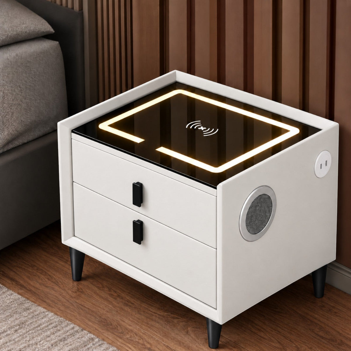 Noptiera Multifunctionala cu 2 Sertare, Incarcare Wireless si Boxa Bluetooth, Afisaj LED Tactil cu 3 Culori si 2 Porturi USB, 50x40x46cm