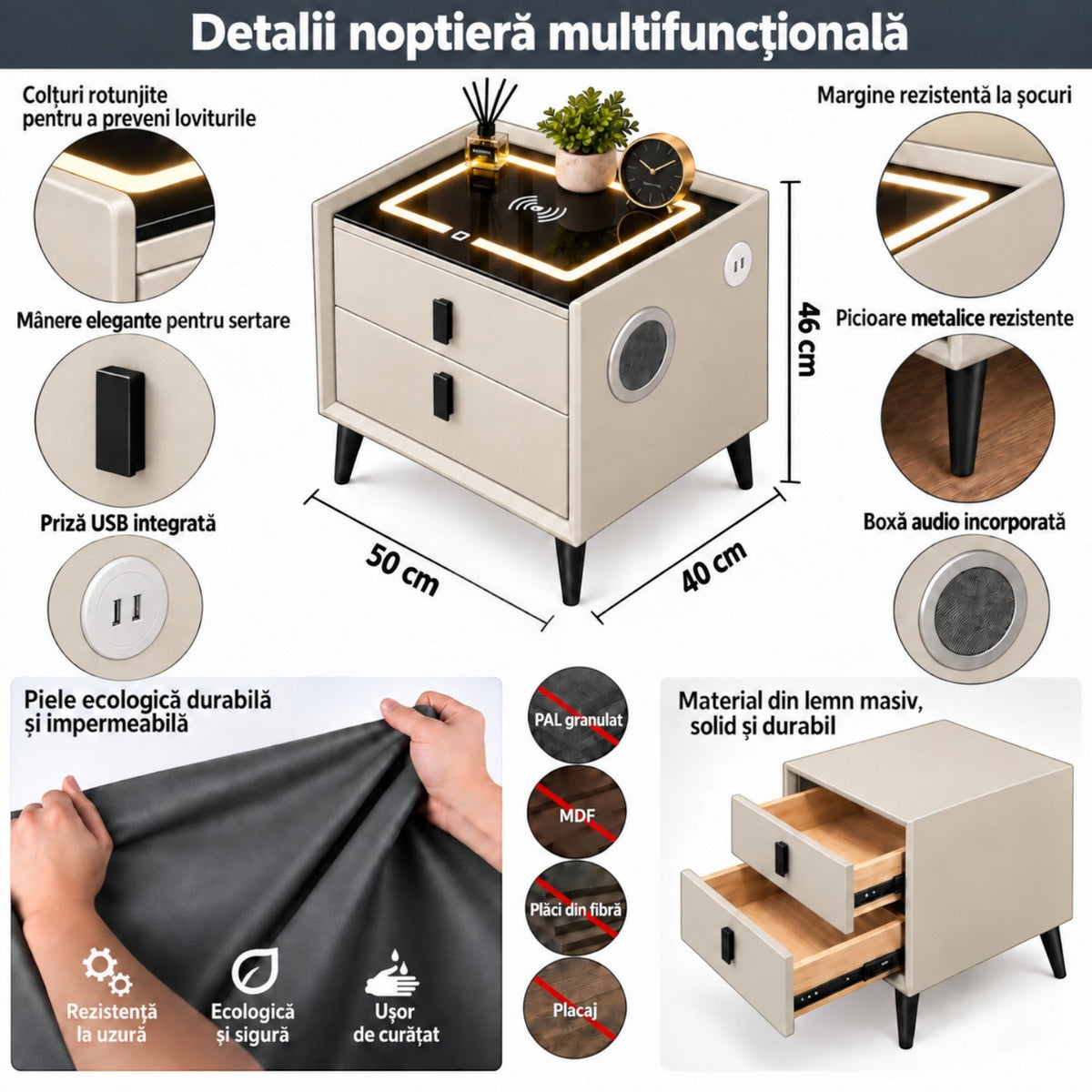 Noptiera Multifunctionala cu 2 Sertare, Incarcare Wireless si Boxa Bluetooth, Afisaj LED Tactil cu 3 Culori si 2 Porturi USB, 50x40x46cm