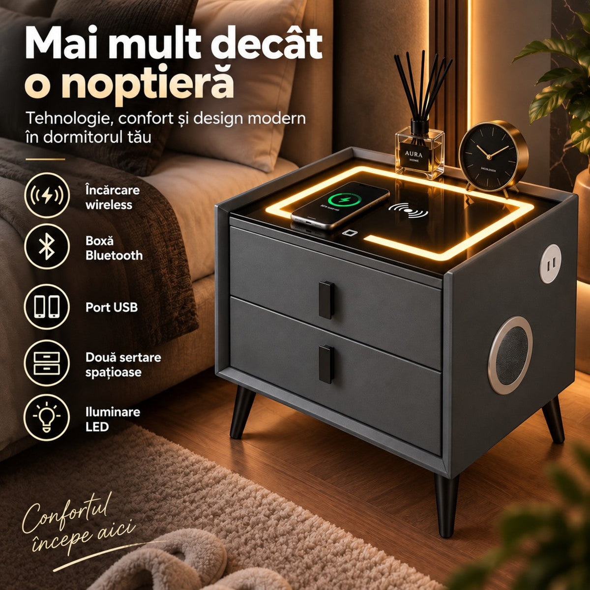 Noptiera Multifunctionala cu 2 Sertare, Incarcare Wireless si Boxa Bluetooth, Afisaj LED Tactil cu 3 Culori si 2 Porturi USB, 50x40x46cm