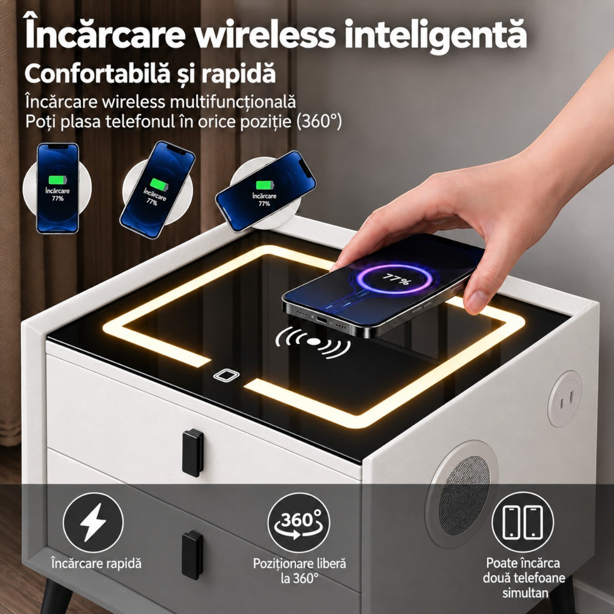 Noptiera Multifunctionala cu 2 Sertare, Incarcare Wireless si Boxa Bluetooth, Afisaj LED Tactil cu 3 Culori si 2 Porturi USB, 50x40x46cm
