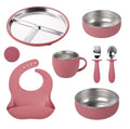 Set de hranire din silicon si inox pentru bebelusi – 7 piese, roz