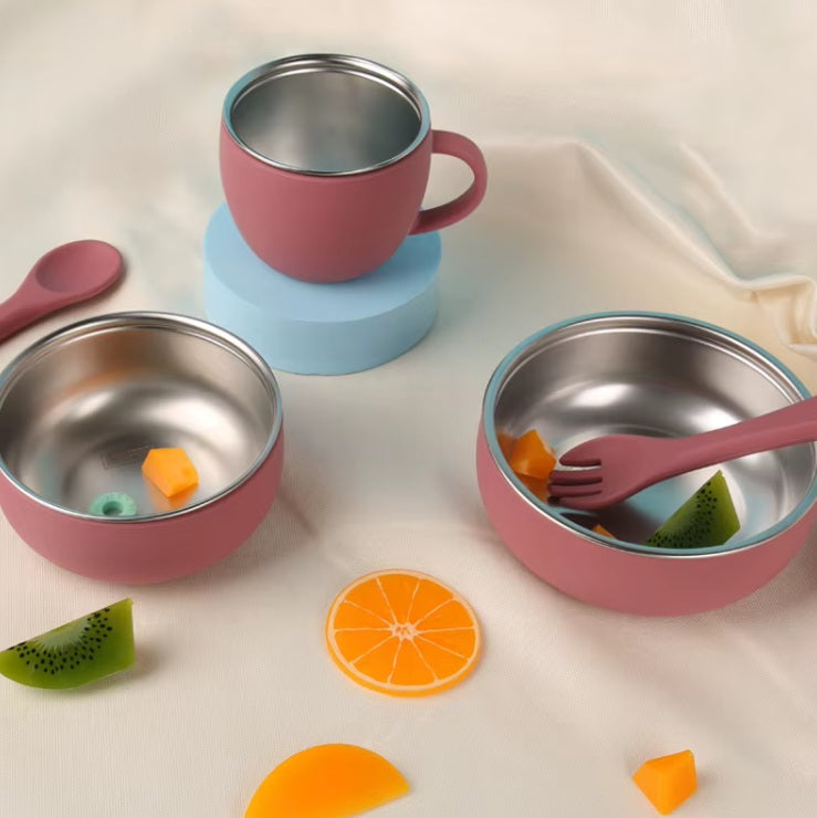 Set de hranire din silicon si inox pentru bebelusi – 7 piese, albastru
