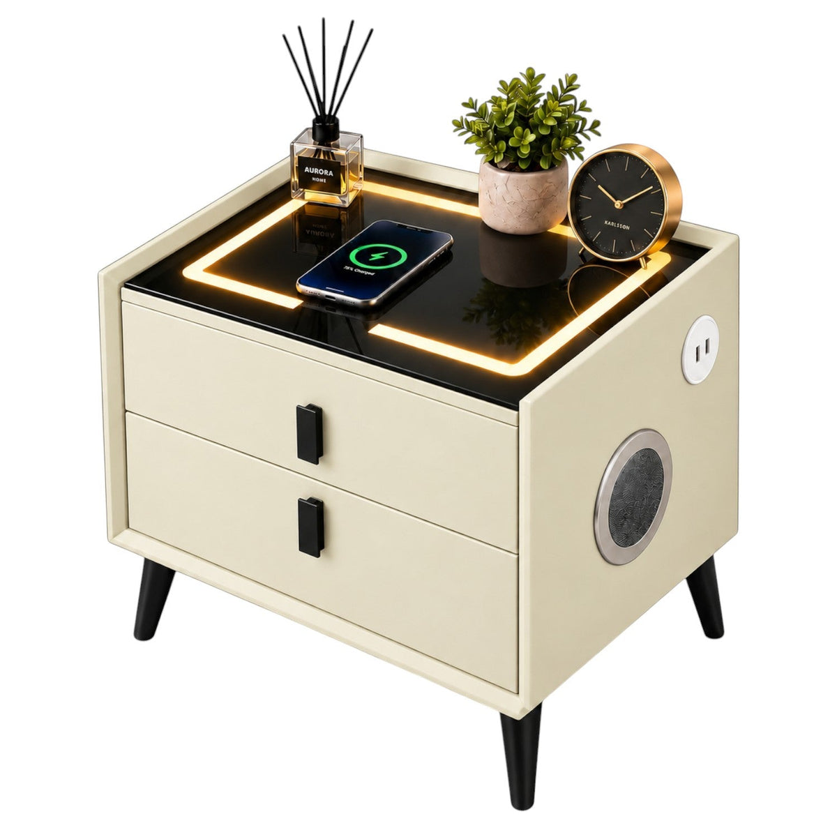 Noptiera Multifunctionala cu 2 Sertare, Incarcare Wireless si Boxa Bluetooth, Afisaj LED Tactil cu 3 Culori si 2 Porturi USB, 50x40x46cm
