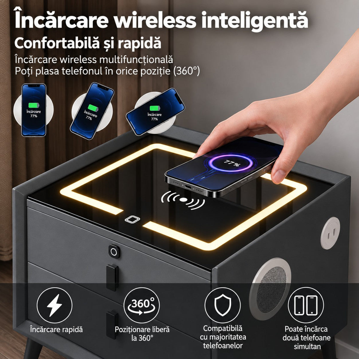Noptiera Multifunctionala cu 2 Sertare, Incarcare Wireless si Boxa Bluetooth, Afisaj LED Tactil cu 3 Culori si 2 Porturi USB, 50x40x46cm