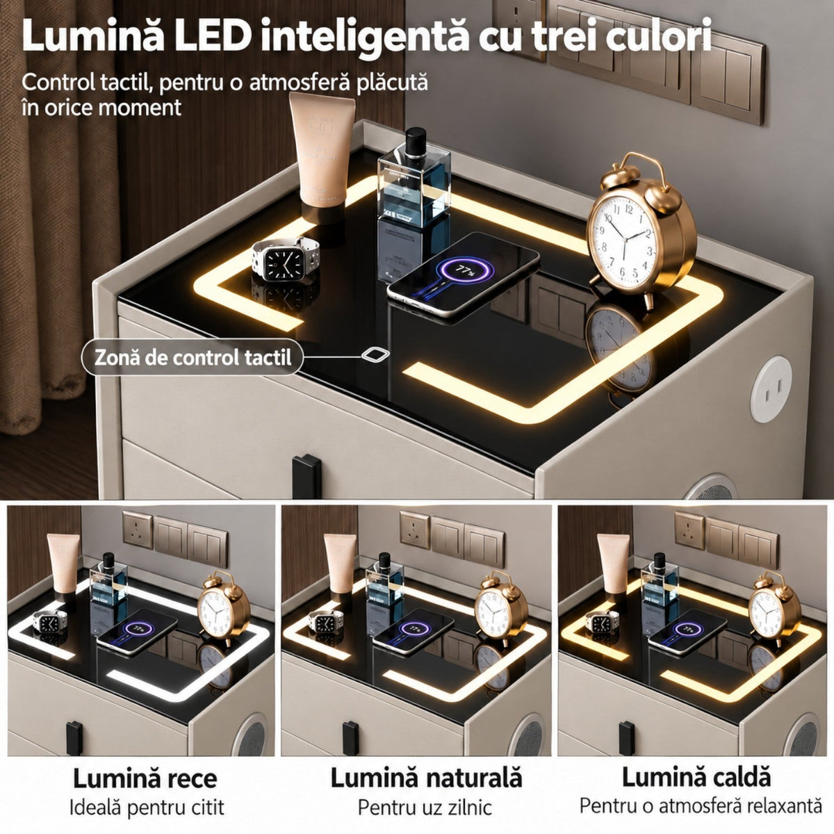 Noptiera Multifunctionala cu 2 Sertare, Incarcare Wireless si Boxa Bluetooth, Afisaj LED Tactil cu 3 Culori si 2 Porturi USB, 50x40x46cm