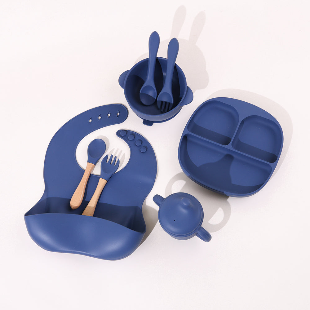 Set de hranire pentru bebelusi din silicon, 10 piese, albastru