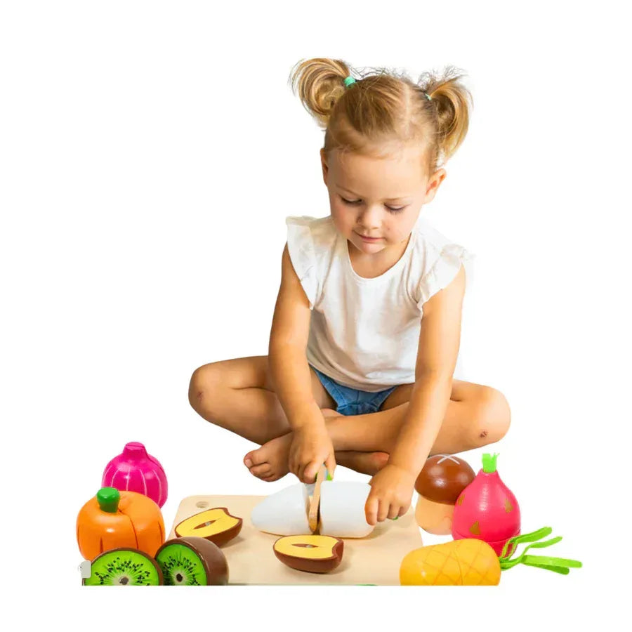 Set Fructe Magnetice din Lemn – Lădiță cu Fructe și Cuțit