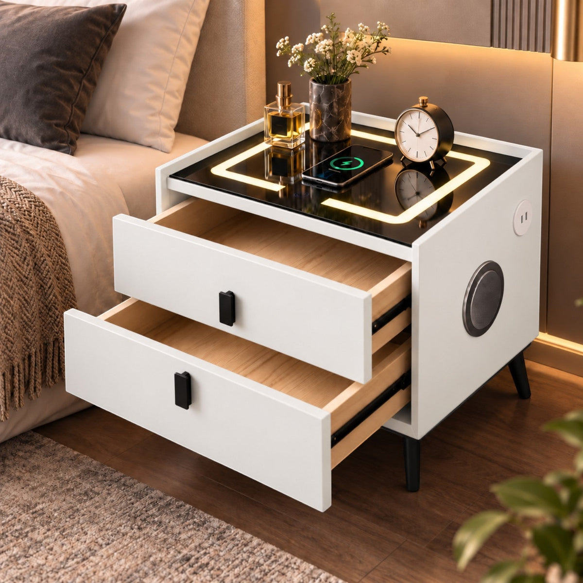 Noptiera Multifunctionala cu 2 Sertare, Incarcare Wireless si Boxa Bluetooth, Afisaj LED Tactil cu 3 Culori si 2 Porturi USB, 50x40x46cm