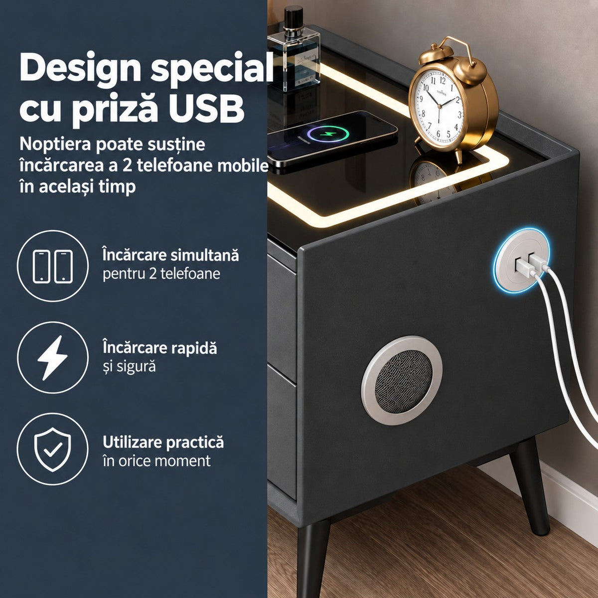 Noptiera Multifunctionala cu 2 Sertare, Incarcare Wireless si Boxa Bluetooth, Afisaj LED Tactil cu 3 Culori si 2 Porturi USB, 50x40x46cm