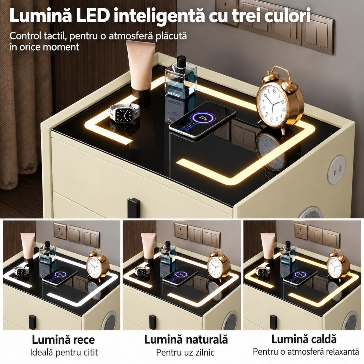 Noptiera Multifunctionala cu 2 Sertare, Incarcare Wireless si Boxa Bluetooth, Afisaj LED Tactil cu 3 Culori si 2 Porturi USB, 50x40x46cm