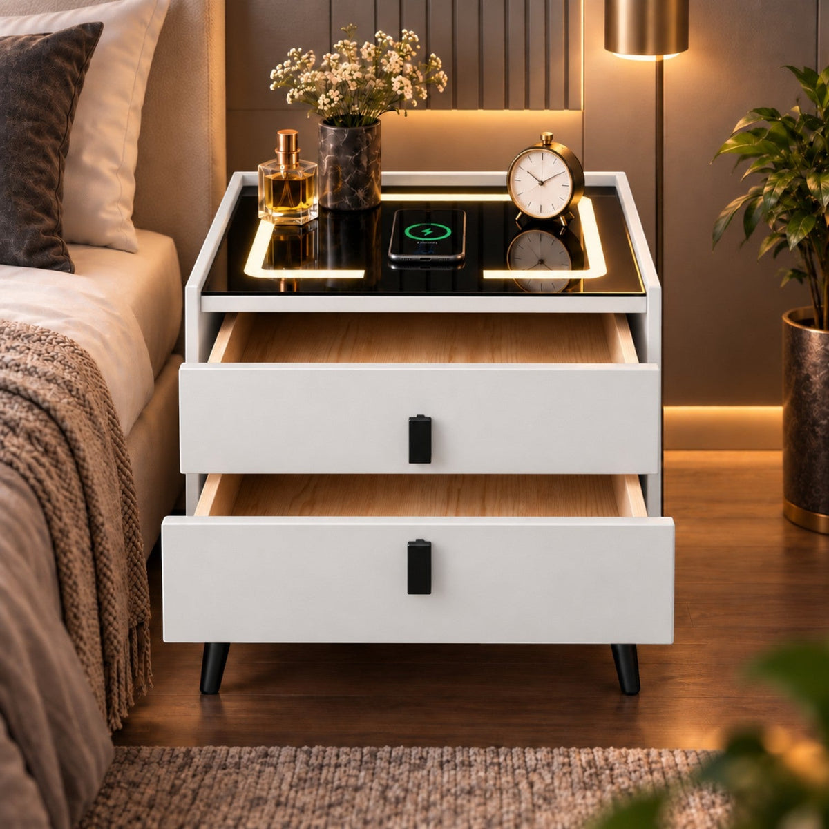 Noptiera Multifunctionala cu 2 Sertare, Incarcare Wireless si Boxa Bluetooth, Afisaj LED Tactil cu 3 Culori si 2 Porturi USB, 50x40x46cm