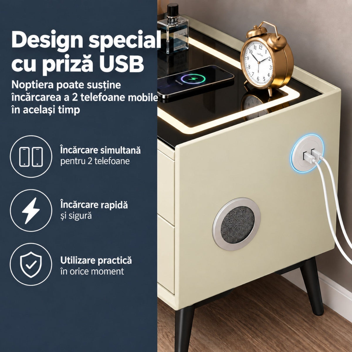 Noptiera Multifunctionala cu 2 Sertare, Incarcare Wireless si Boxa Bluetooth, Afisaj LED Tactil cu 3 Culori si 2 Porturi USB, 50x40x46cm