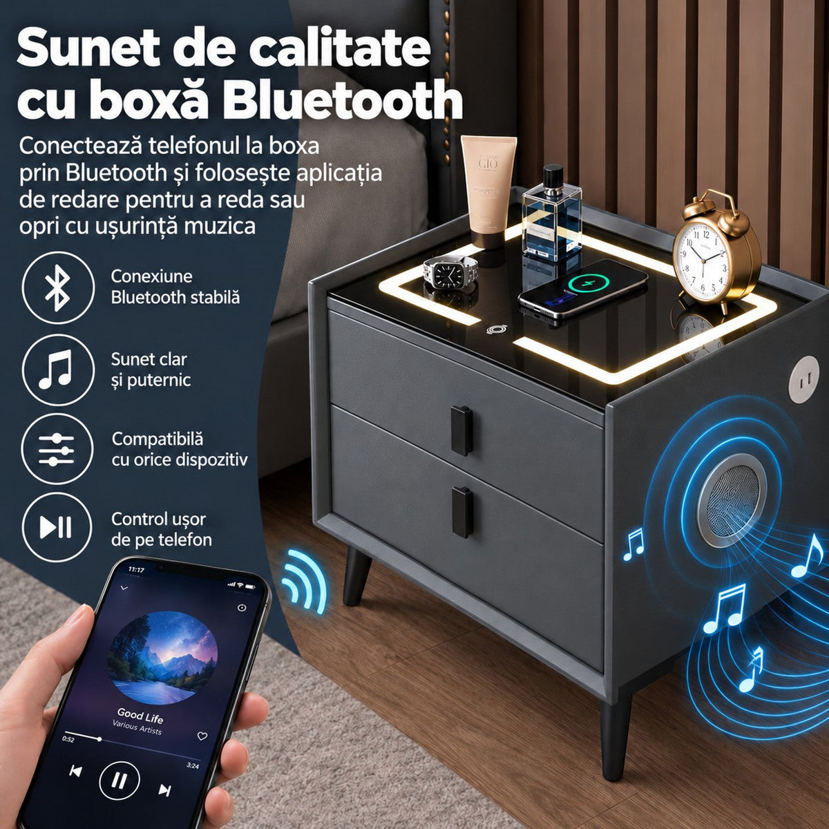 Noptiera Multifunctionala cu 2 Sertare, Incarcare Wireless si Boxa Bluetooth, Afisaj LED Tactil cu 3 Culori si 2 Porturi USB, 50x40x46cm
