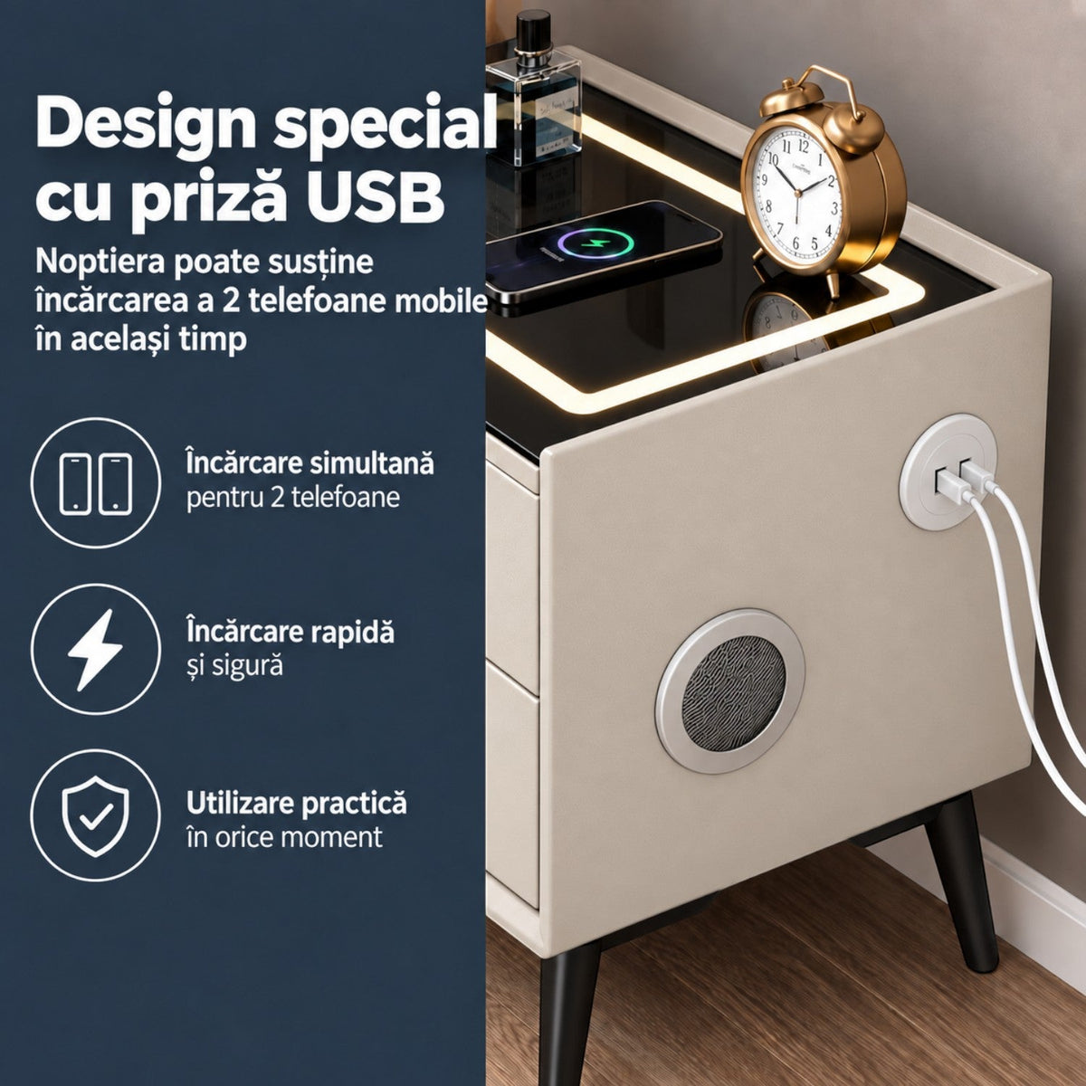 Noptiera Multifunctionala cu 2 Sertare, Incarcare Wireless si Boxa Bluetooth, Afisaj LED Tactil cu 3 Culori si 2 Porturi USB, 50x40x46cm