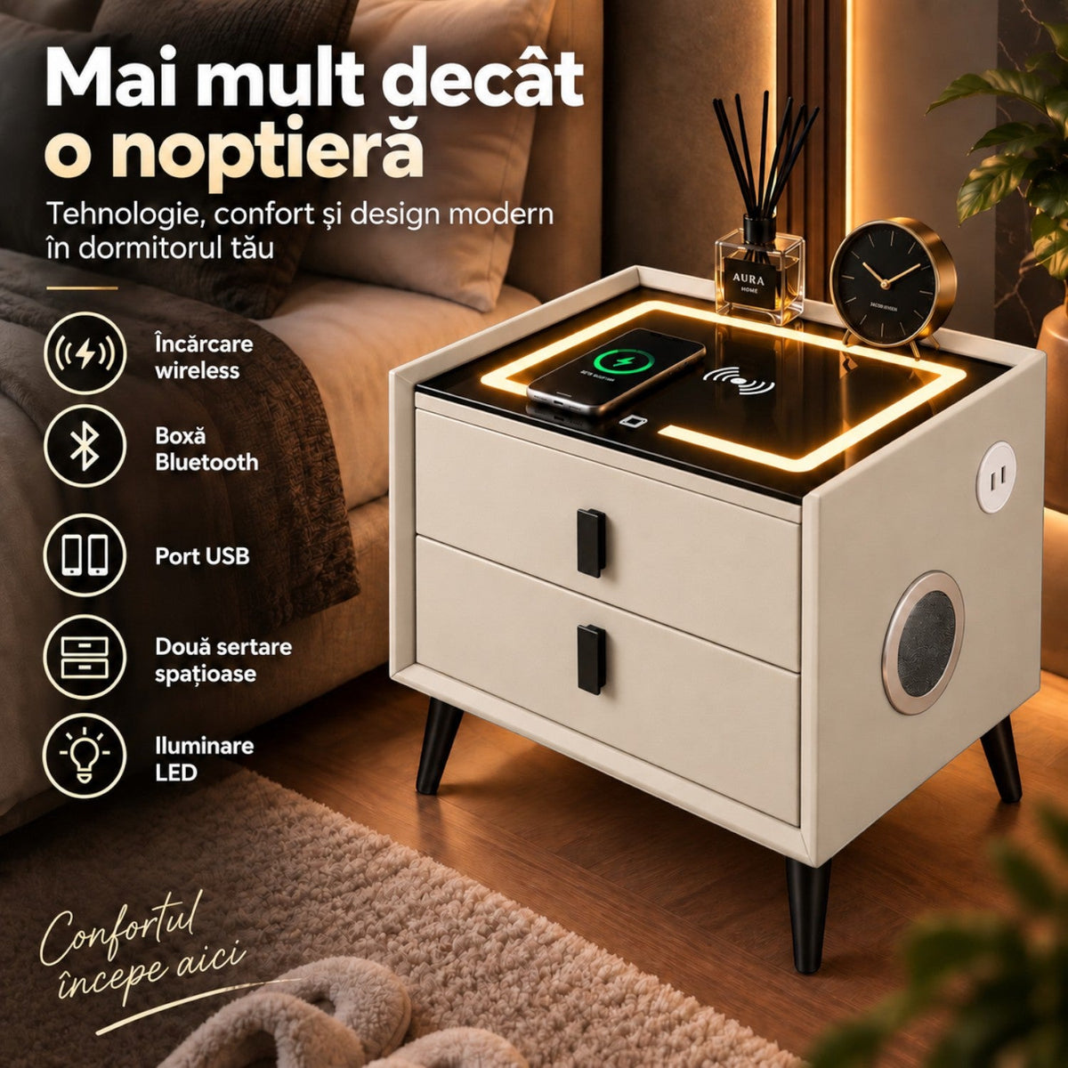 Noptiera Multifunctionala cu 2 Sertare, Incarcare Wireless si Boxa Bluetooth, Afisaj LED Tactil cu 3 Culori si 2 Porturi USB, 50x40x46cm