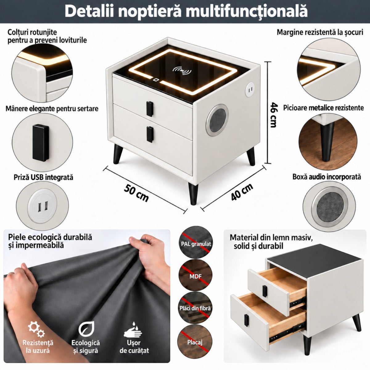 Noptiera Multifunctionala cu 2 Sertare, Incarcare Wireless si Boxa Bluetooth, Afisaj LED Tactil cu 3 Culori si 2 Porturi USB, 50x40x46cm