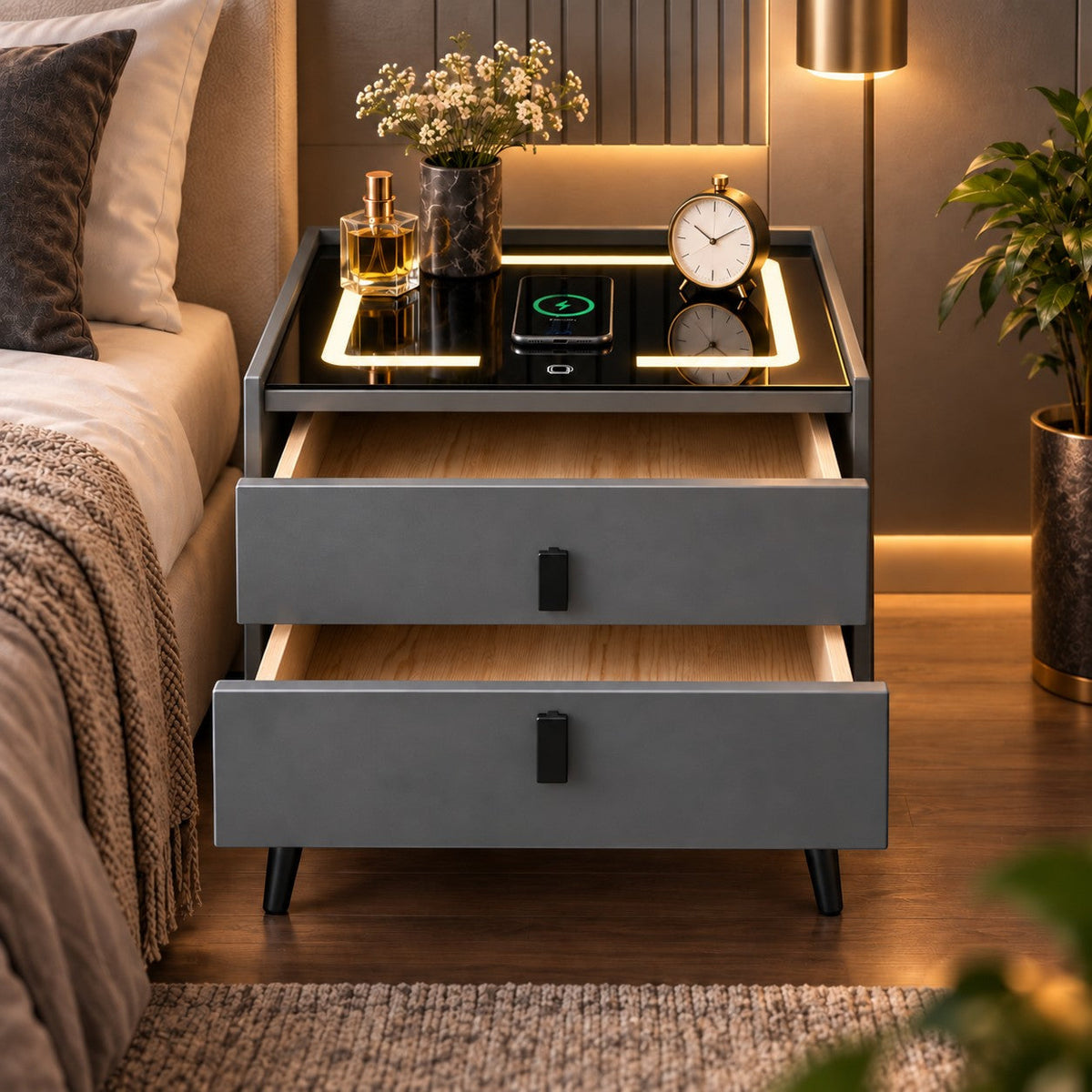Noptiera Multifunctionala cu 2 Sertare, Incarcare Wireless si Boxa Bluetooth, Afisaj LED Tactil cu 3 Culori si 2 Porturi USB, 50x40x46cm