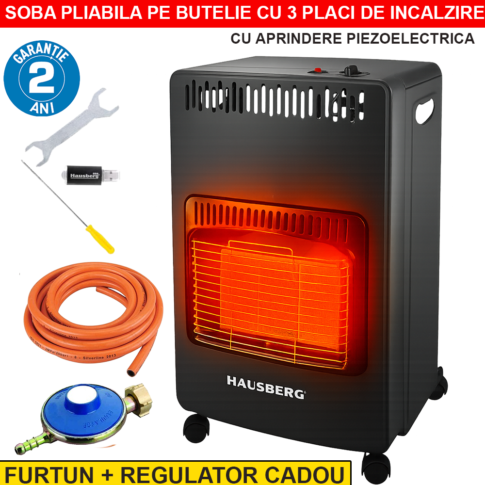 Soba GPL Hausberg 4.2 kW cu 3 plăci ceramice, aprindere piezo & oprire automată – Model HB-1021NG, Negru